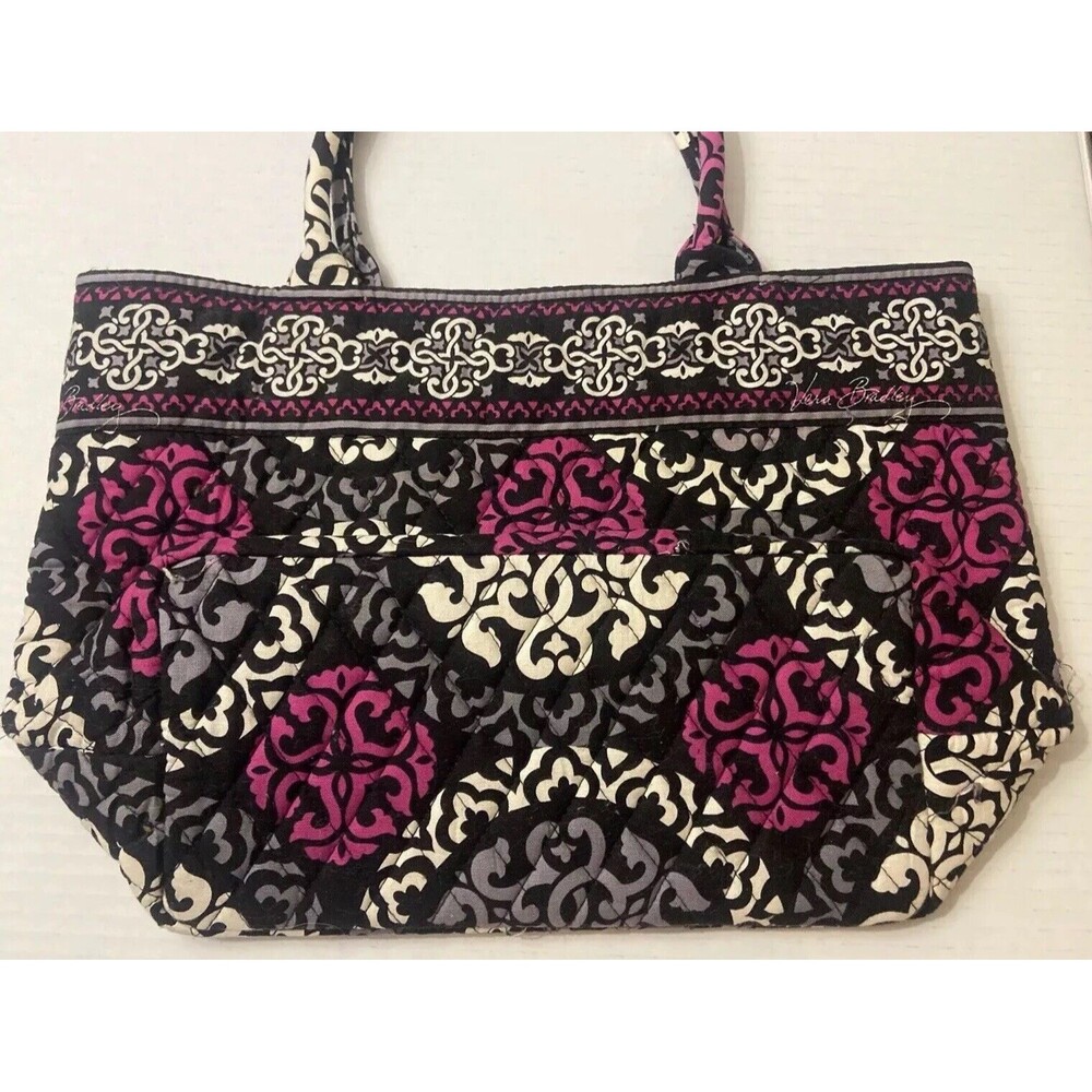 Vera Bradley Canterberry Magenta Black Cream Pink 2 Handle Tote Bag 14x8x5 Purse